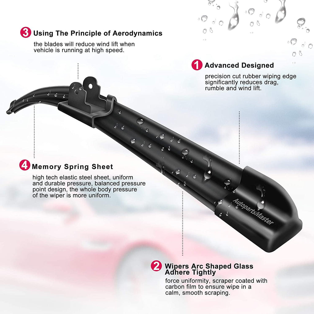 Feildoo Windshield wiper blades, 24" + 14" Bracketless Beam Wiper Car Front Window J U Hook Wiper Blade (set of 2)