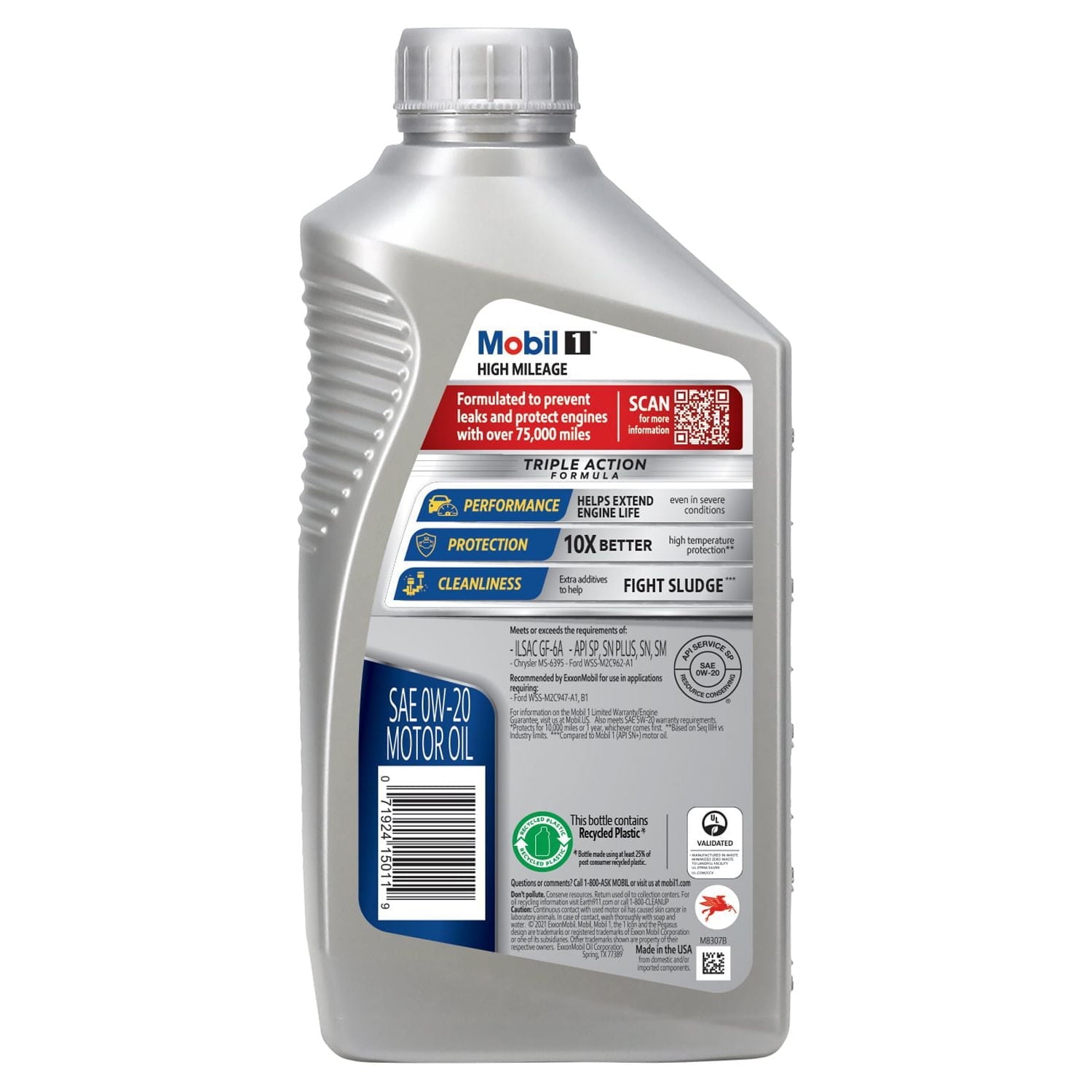 Mobil 1 High Mileage Full Synthetic Motor Oil 0W-20, 1 qt