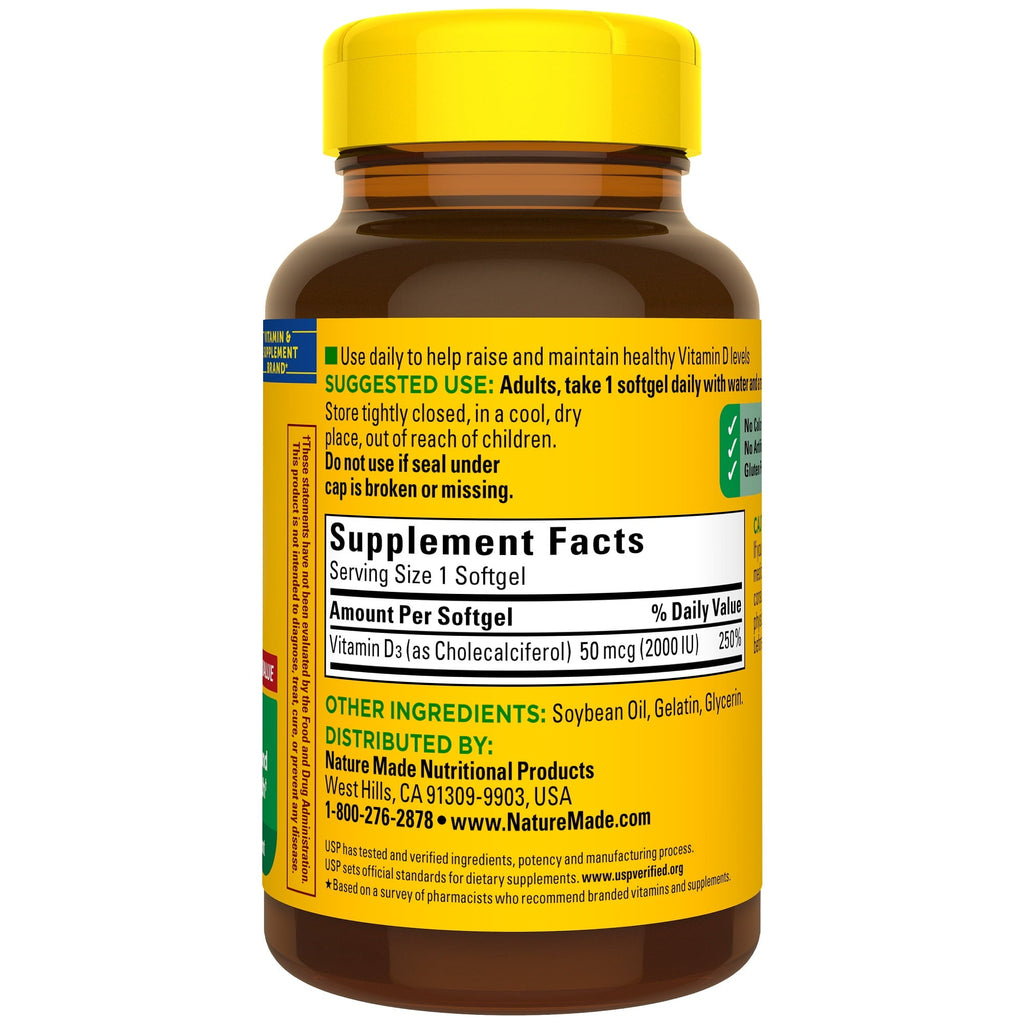 Nature Made Vitamin D3 2000 IU (50 mcg) Softgels, Dietary Supplement for Bone and Immune Health Support, 260 Count