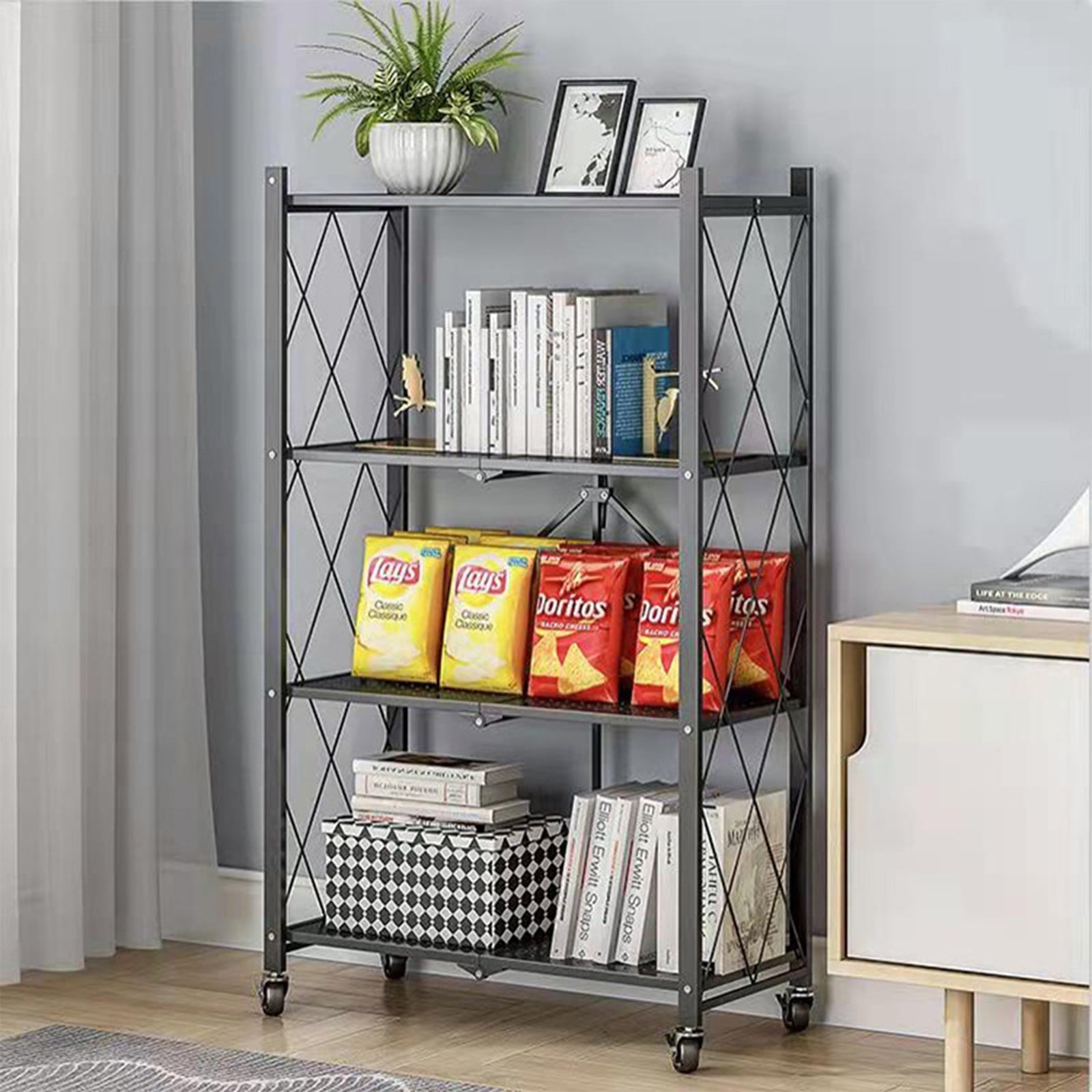 SUGIFT 4-Tier Foldable Storage Shelf, Heavy Duty Metal Shelf, Kitchen Shelf with 3 Hooks, Black