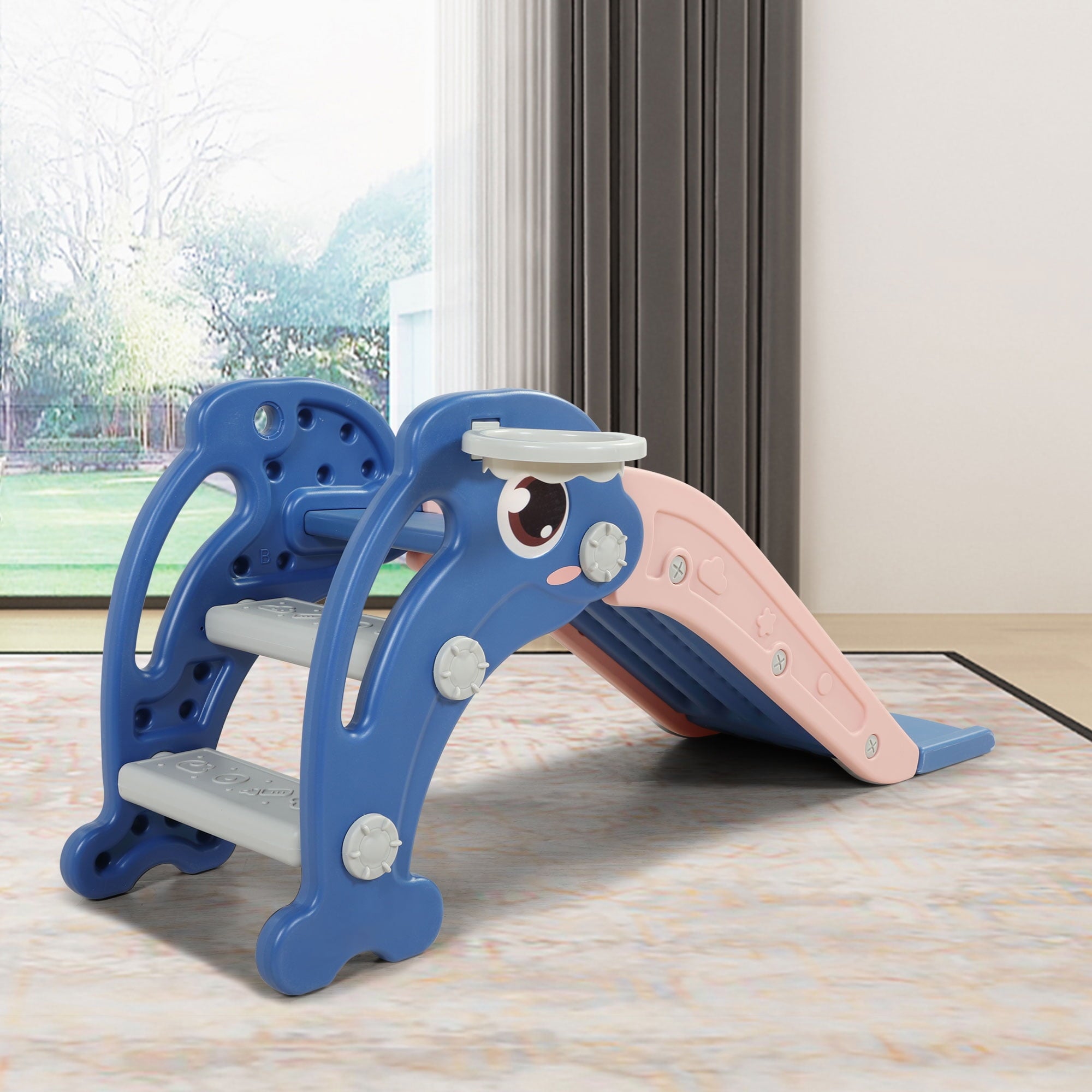 Joinfun 2 in 1 Slide,Toddler Freestanding Extra Long Slide with Basketball Hoop & Ball, Indoor Outdoor, Blue