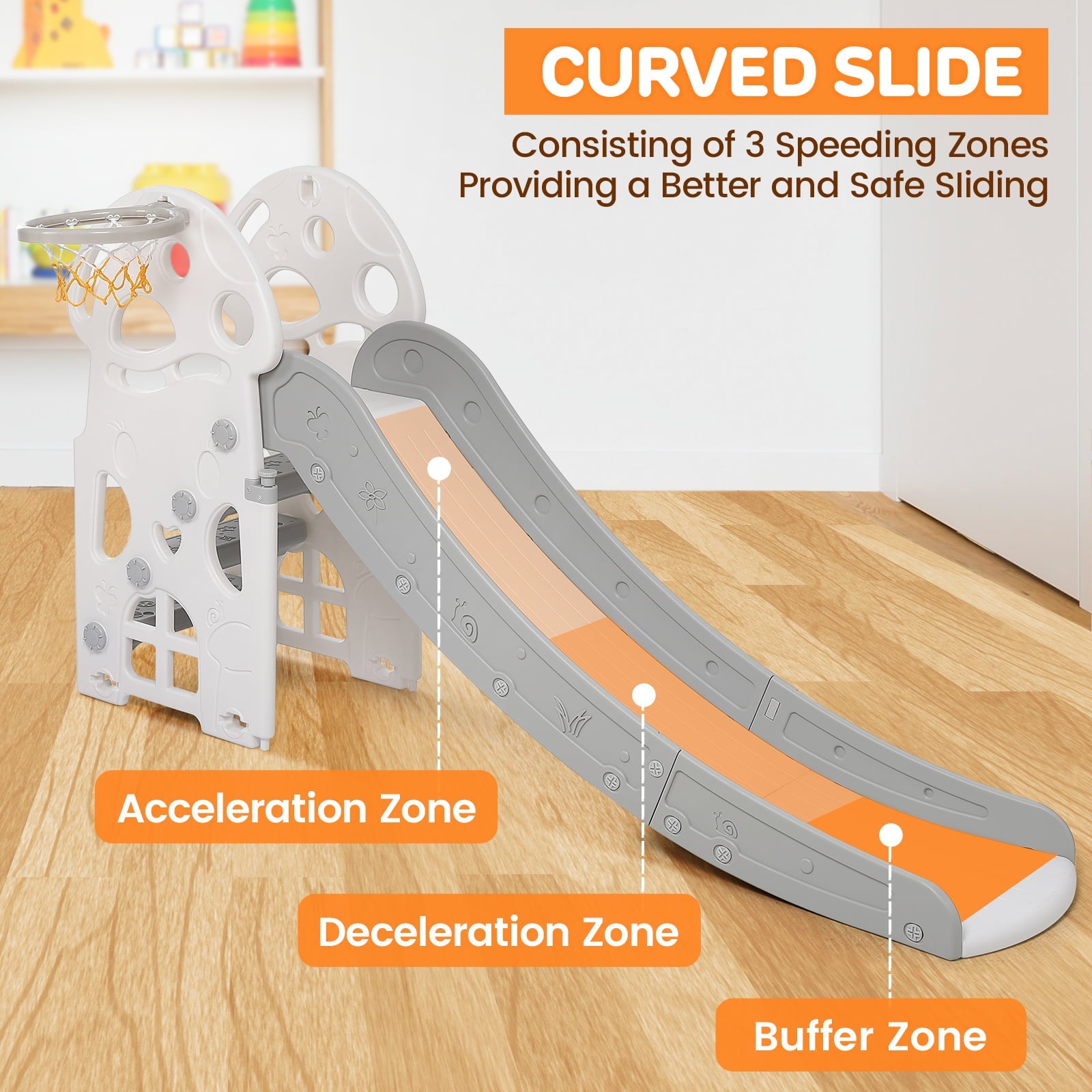 Kids Slide Toddler Slide, 2 in 1 Play Climber Slide, Playground Climber Slide Playset with Basketball Hoop for Toddlers 2 - 5, Ideal Gift for Boys and Girls Indoor Outdoor Toy