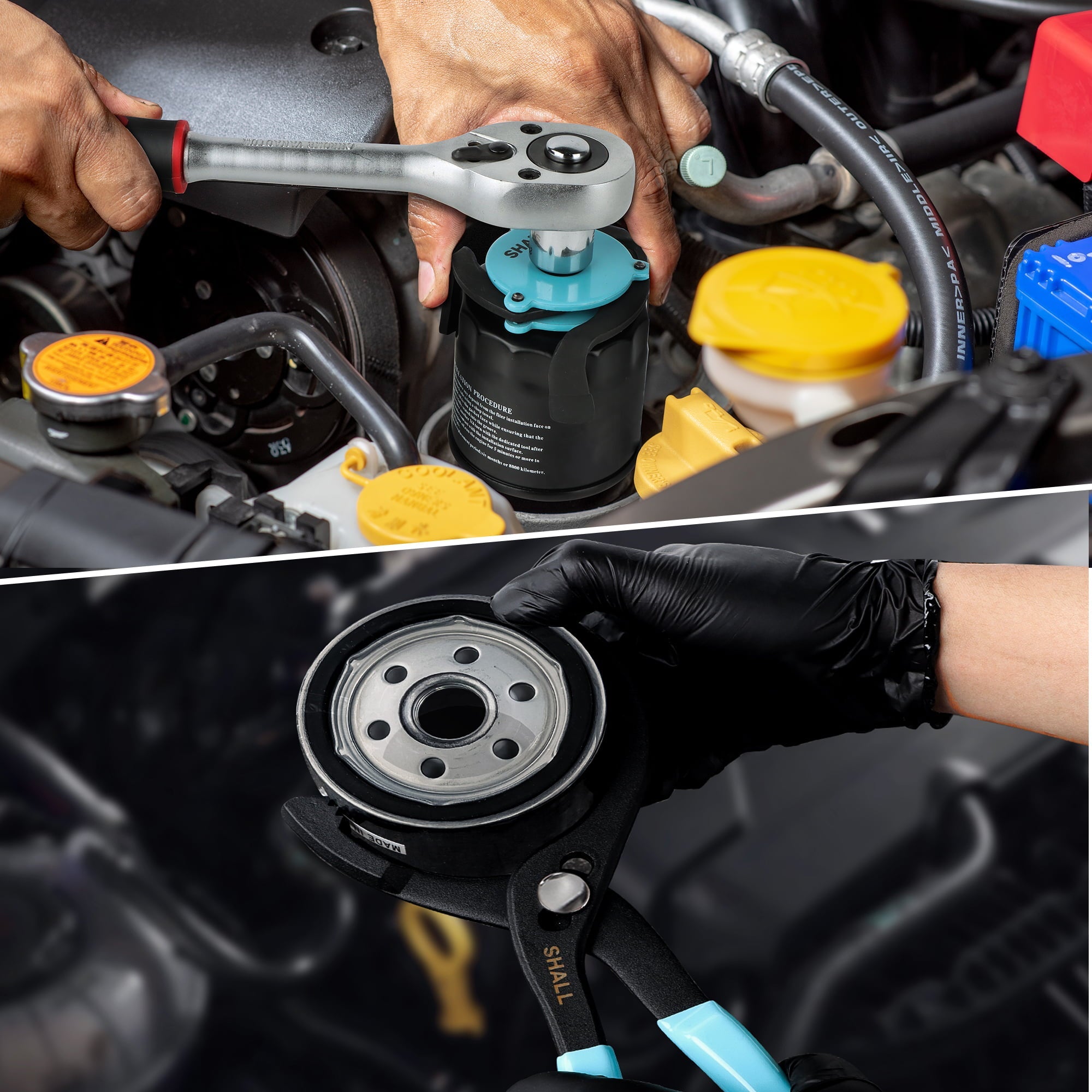 SHALL Oil Filter Wrench, 4PC Oil Filter Removal Tool, 12 Inch Adjustable Metal Oil Filter Pliers, 2PC Adapters, 2-Pack PVC Gloves