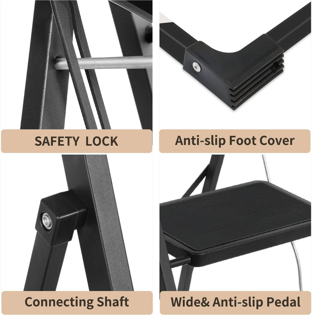 Coolhut 3 Step Ladder, Folding Step Stool with Wide Anti-Slip Pedal, 330lbs Capacity Portable Lightweight Ladders for Home Kitchen Outdoor, Black