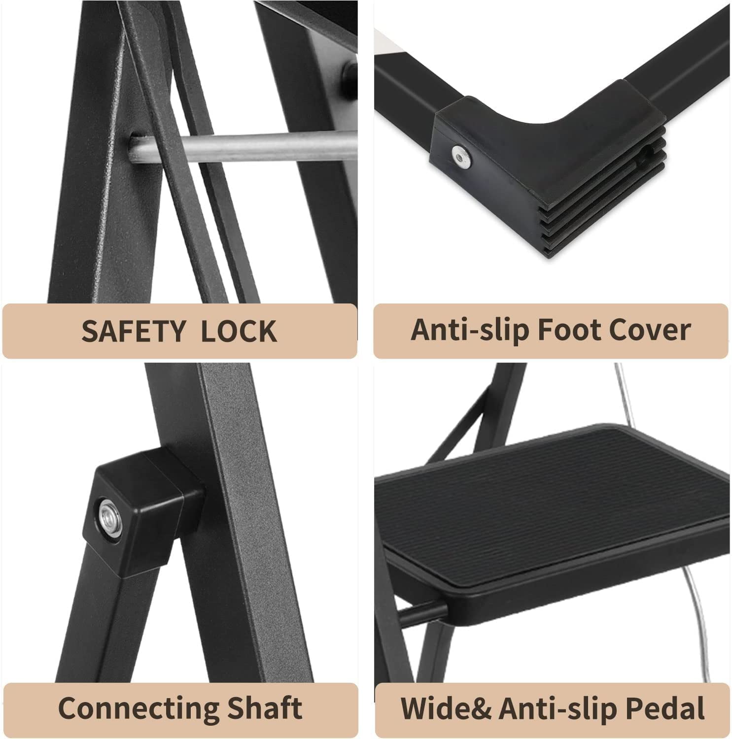 Coolhut 3 Step Ladder, Folding Step Stool with Wide Anti-Slip Pedal, 330lbs Capacity Portable Lightweight Ladders for Home Kitchen Outdoor, Black