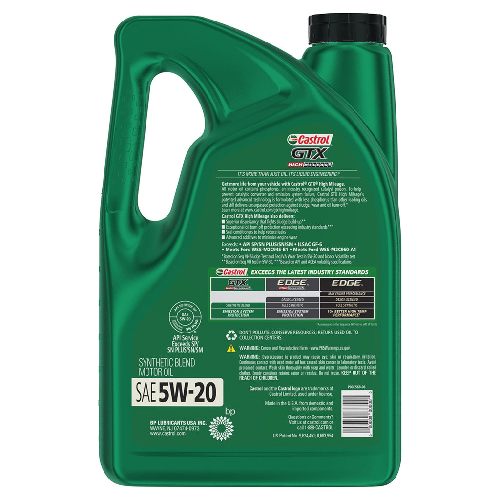 Castrol GTX High Mileage 5W-20 Synthetic Blend Motor Oil, 5 Quarts