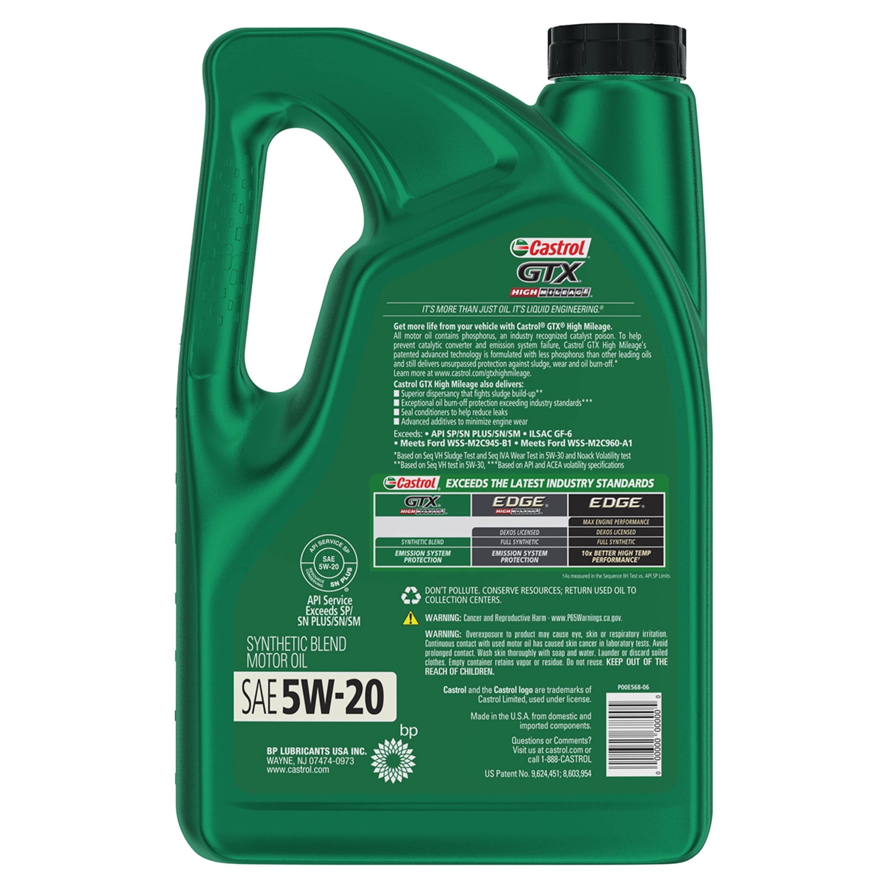 Castrol GTX High Mileage 5W-20 Synthetic Blend Motor Oil, 5 Quarts