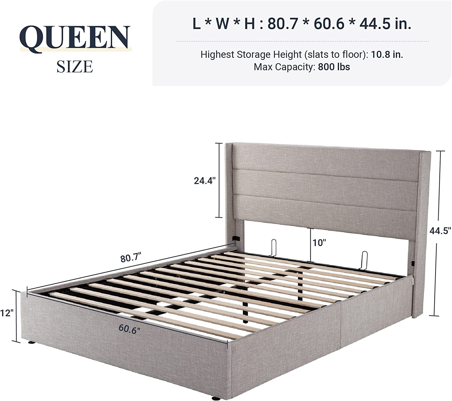Allewie Queen Size Lift Up Storage Upholstered Bed with Pannel Wingback Headboard, Light Beige