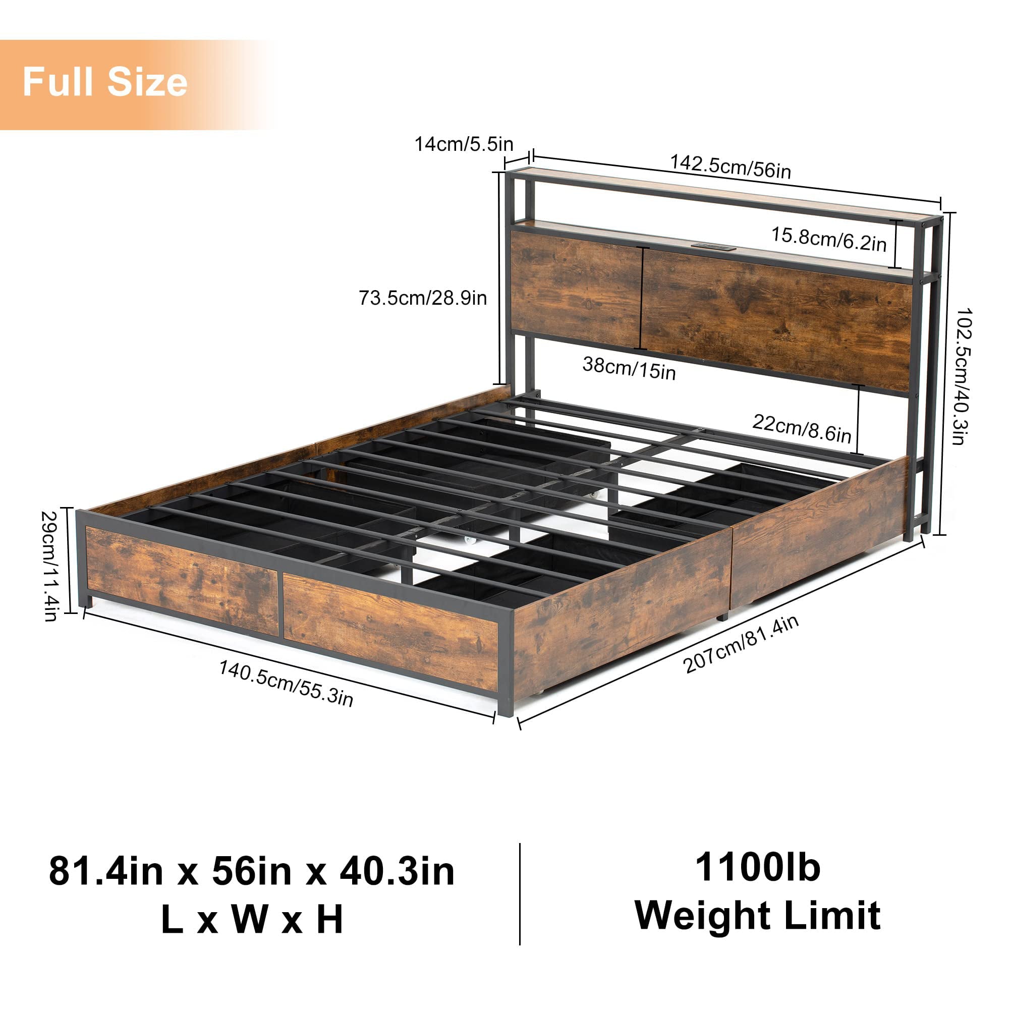 Full LED Bed Frame with Storage Headboard + 4 Drawers + Power Station, Industrial Metal Platform Bed, No Need Spring Box(Tan-Full)
