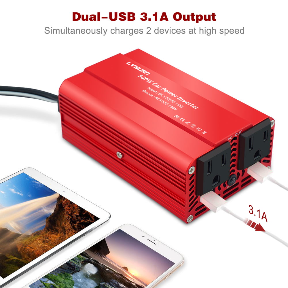 LVYUAN 500 Watts Power Inverter Converter DC 12V to AC 110V Car Inverter 2USB Car Adapter