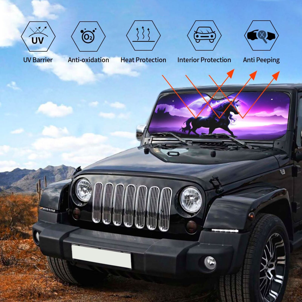 ZNDUO Car Windshield Sun Shade, Purple Fantasy Unicorn Pattern Windshield Sun Shade UV Rays and Heat Sun Visor Protector Foldable Windshield Sun Shade, Small Size