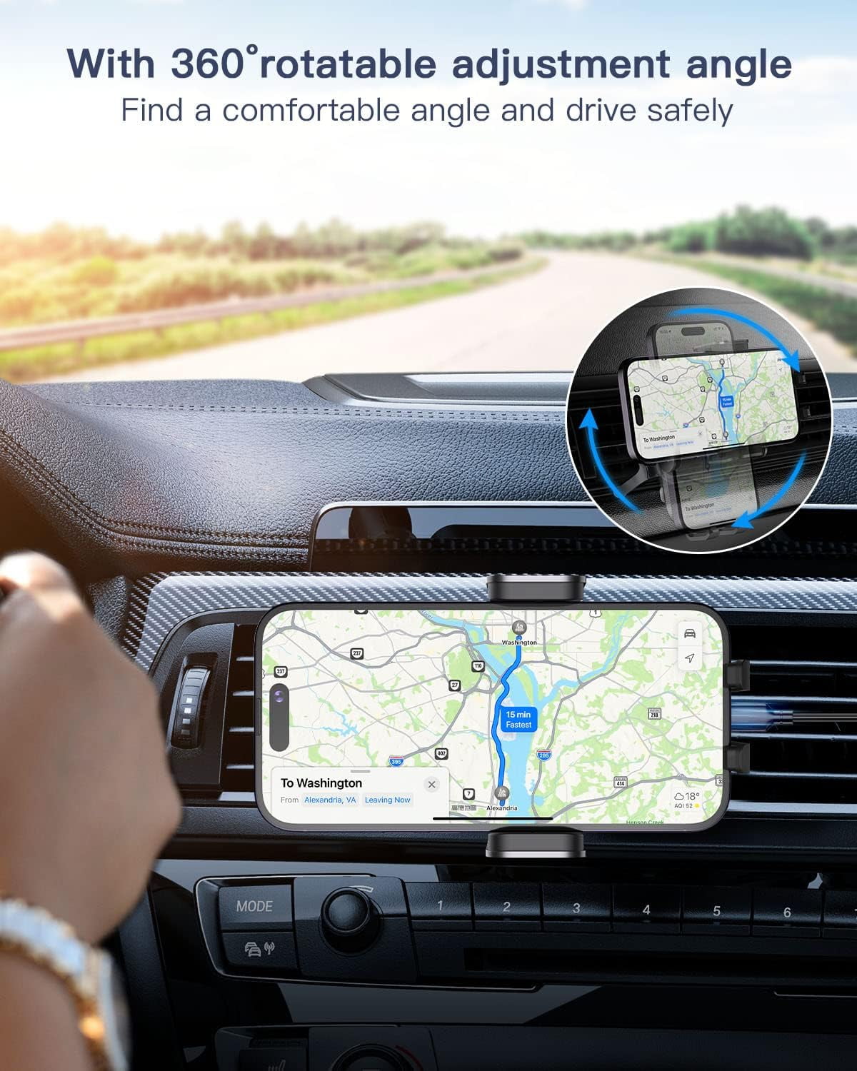 Hoey 3 in 1 Wireless Car Charger, 15W Smart Sensor Auto Clamping Air Vent Dashboard Windshield Car Phone Holder Mount, Compatible for iPhone, Samsung, Google, LG, etc