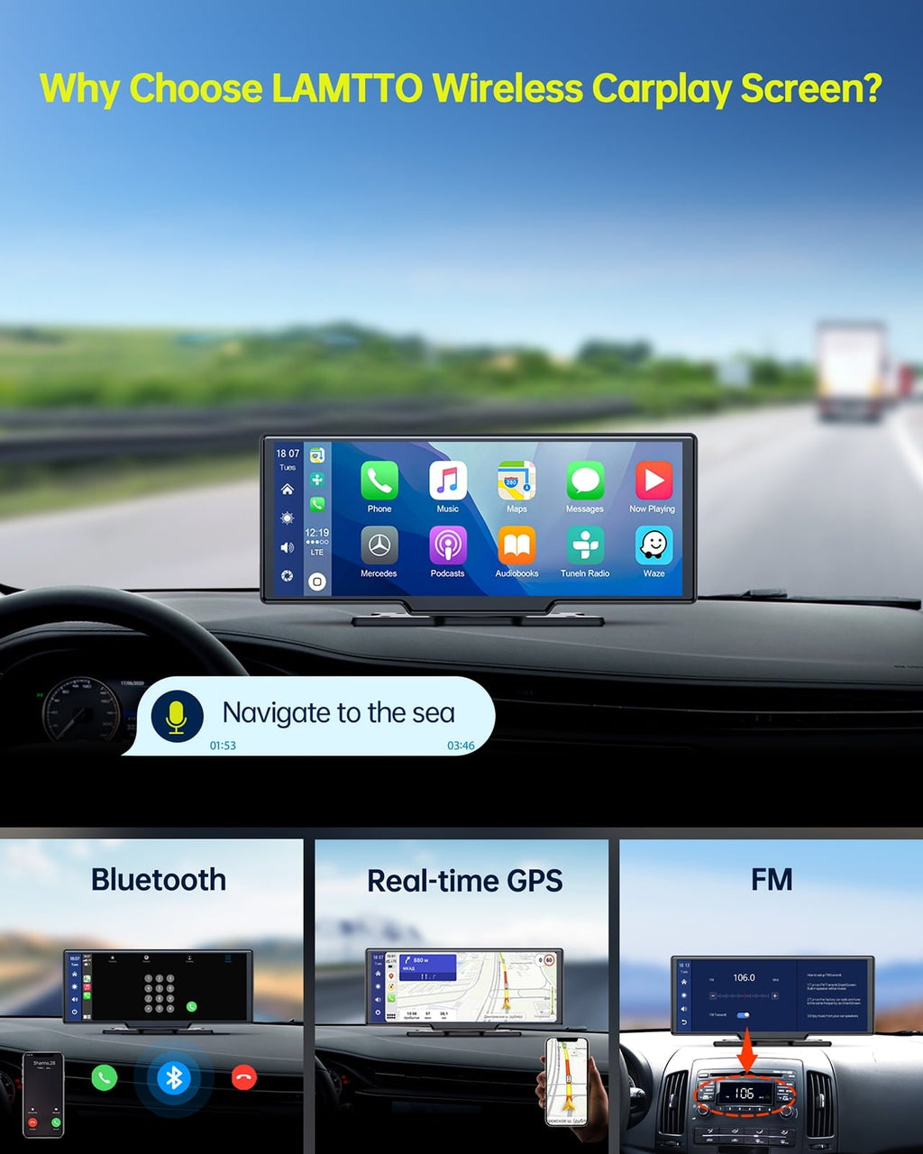 Lamtto 9.26" Touchscreen Wireless Car Stereo Car Radio Receiver GPS Navigation Audio with Apple Carplay Android Auto Support Backup Camera Airplay