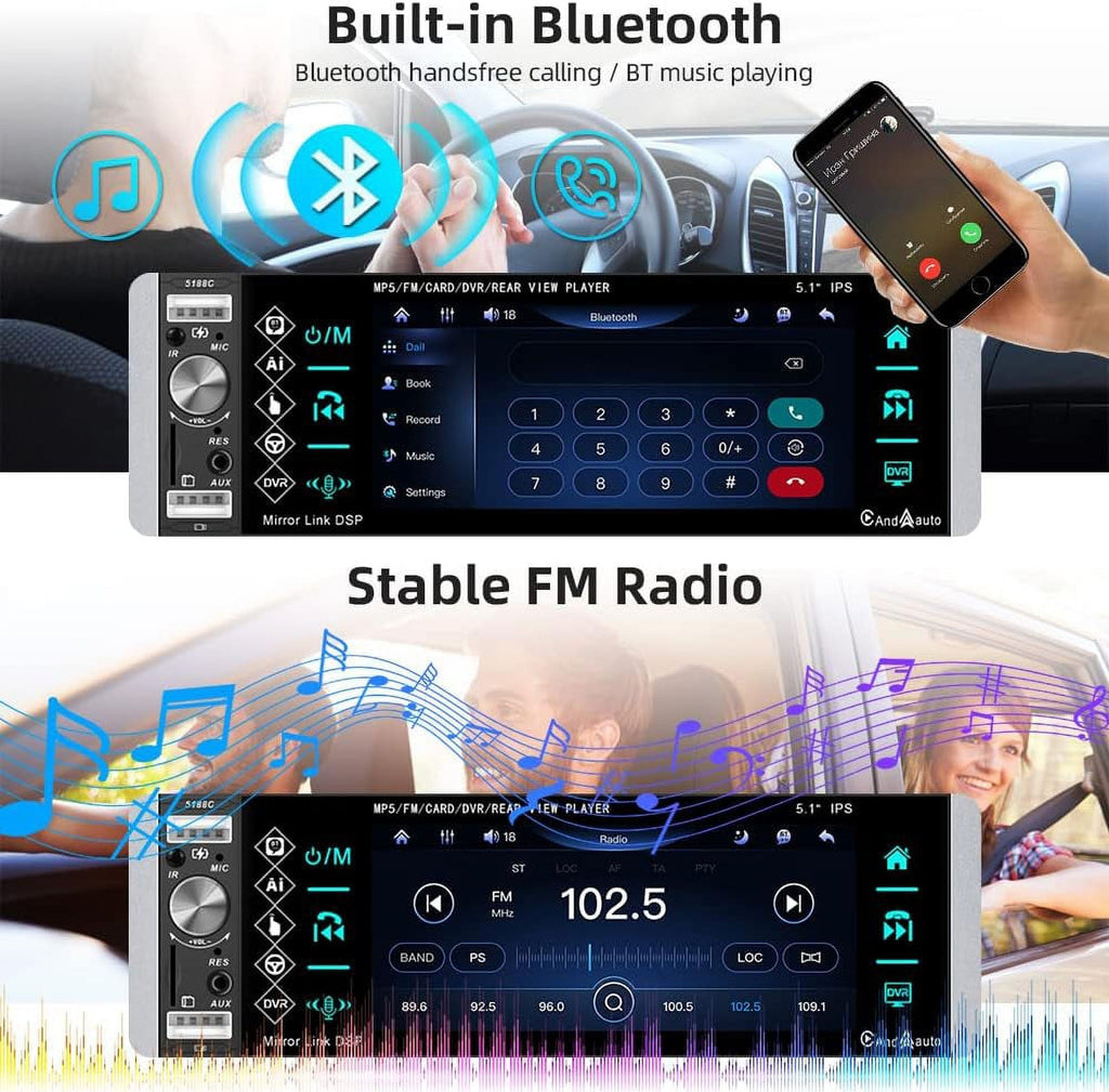 Podofo Single Din 5.1'' Car Stereo Radio Apple Carplay Android Auto Touch Screen Car Multimedia MP5 Player Bluetooth Mirror Link FM USB, with Back Up Camera