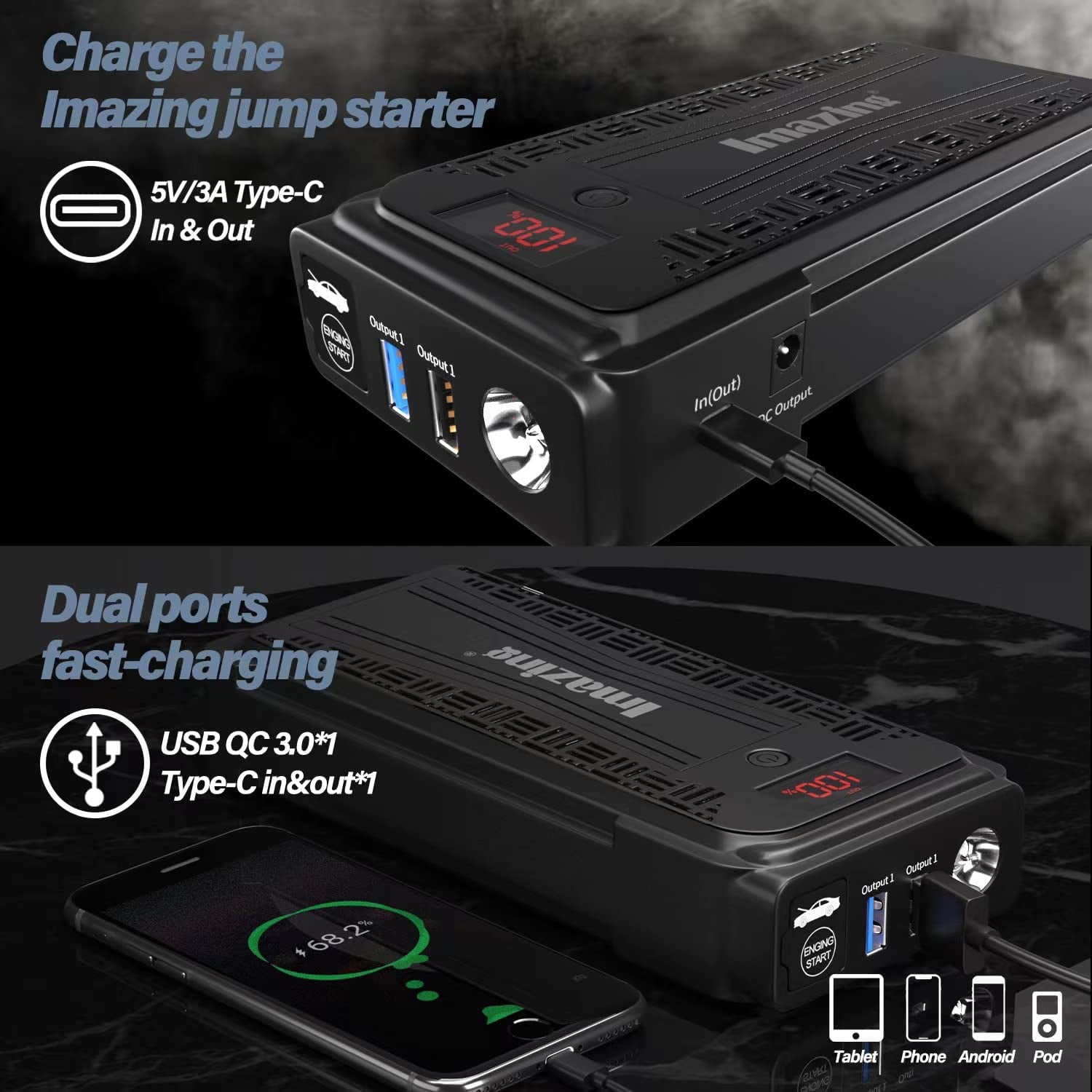 Imazing Portable Car Jump Starter - 2500A Peak 20000mAH (Up to 8L Gas/8L Diesel Engine) 12V Auto Battery Booster Portable Power Pack with LCD Display, QC 3.0 and LED Light