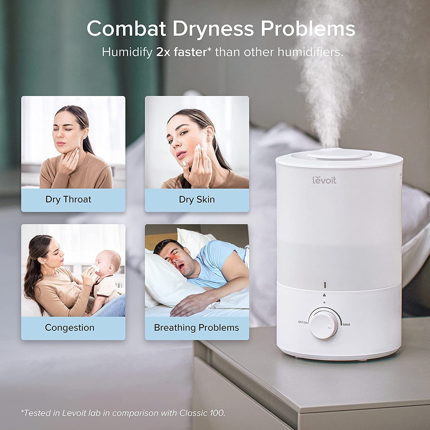 Levoit Cool Mist Humidifier for Room, 3L Top-Fill Humidifier for Bedrooms, and Baby Nurseries, with Aromatherapy, Dual 150, White