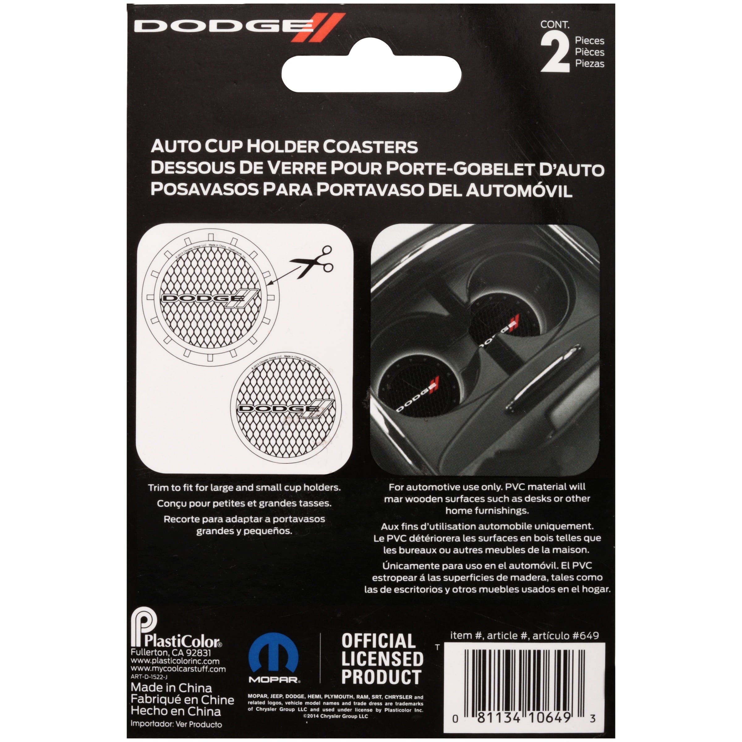 Plasticolor Dodge Automotive Cup Holder Coasters, Black, 2 Pack