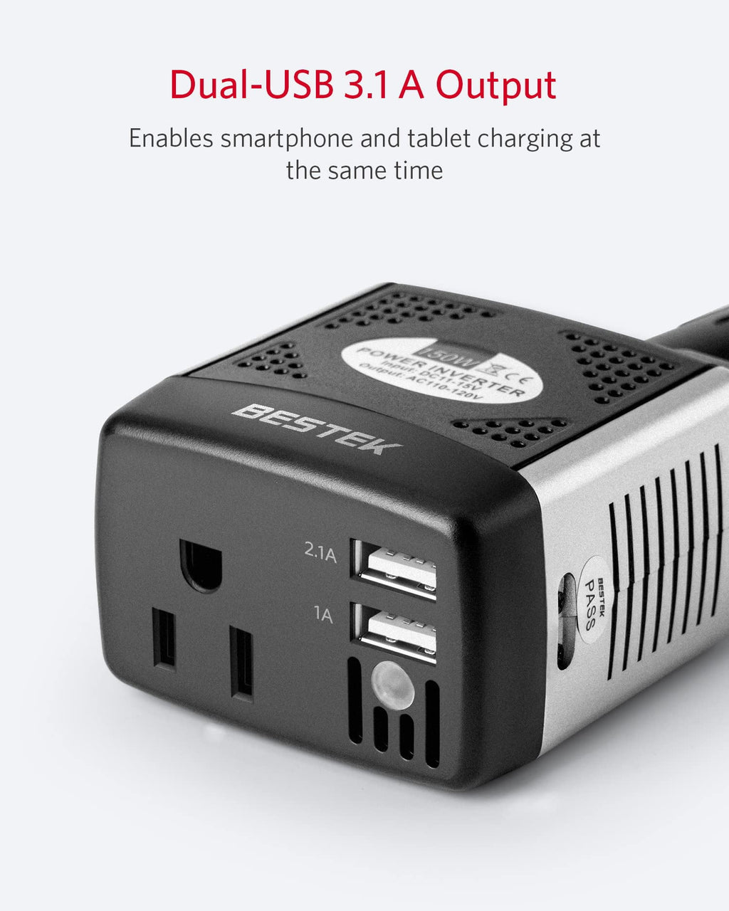 BESTEK 150W Power Inverter Car Charger with 2 USB Charging Ports