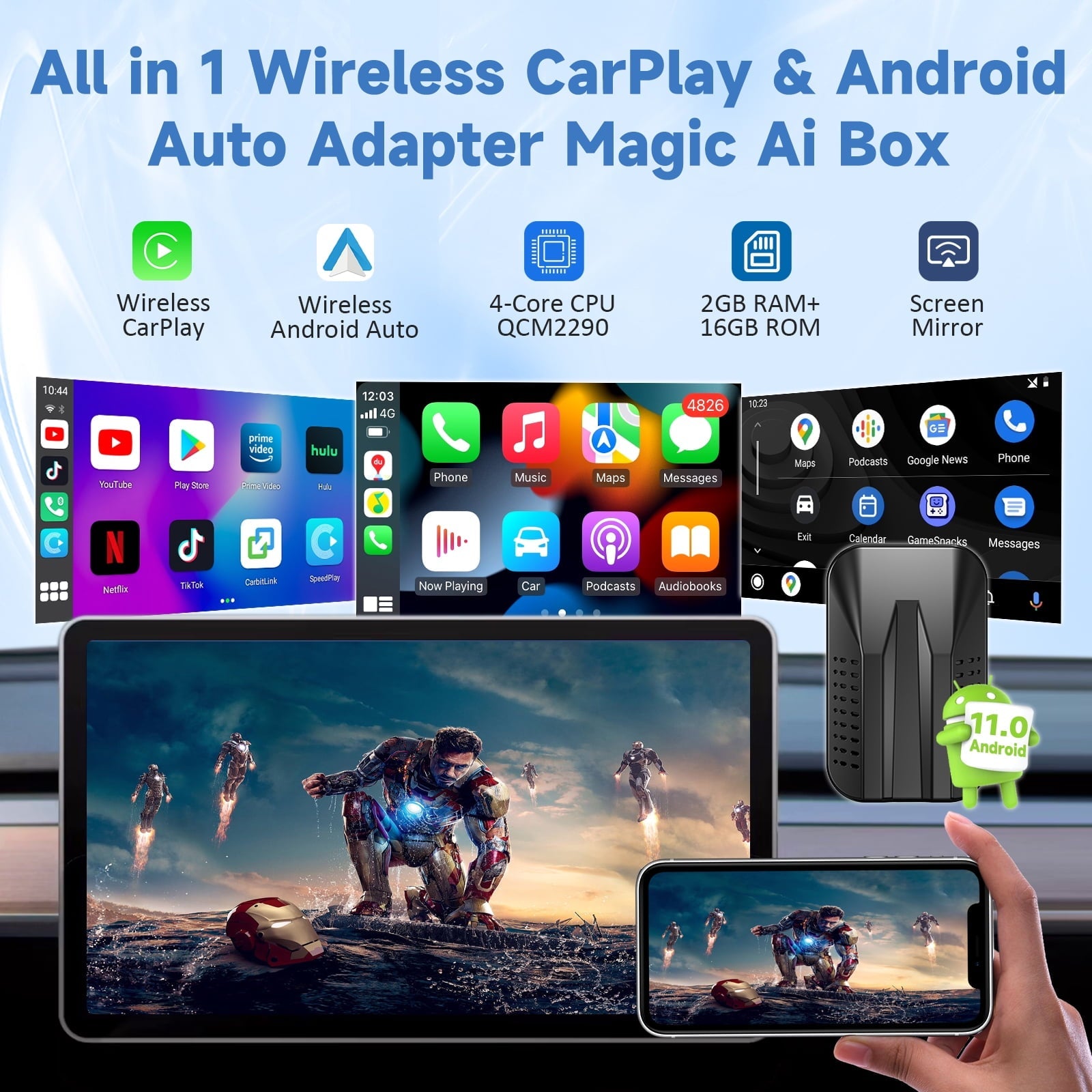 HERILARY Wireless Carplay and Android Auto, Apple Car Play Adapter for Car Stereo Factory Wired CarPlay Support Netflix/YouTube/Tiktok/Google Play/TF Card, 5GHz Wifi, Plug and Play