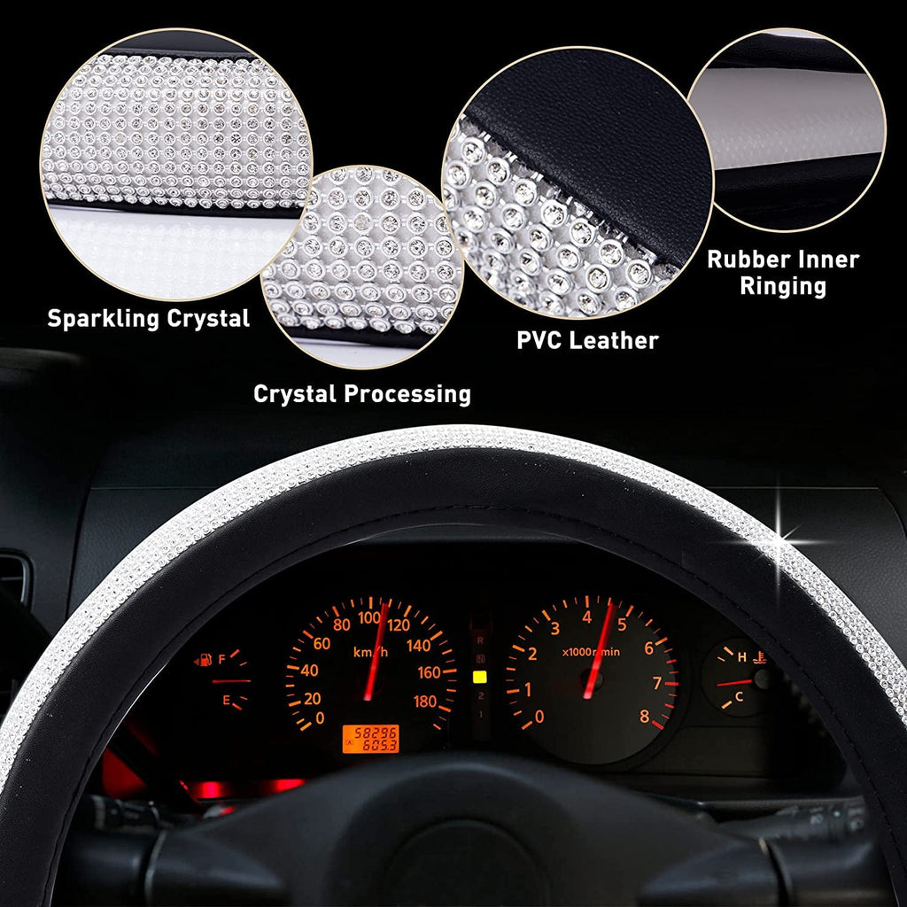 Diamond Leather Steering Wheel Cover, Steering Wheel Cover Sparkling Crystal Rhinestones, Bling Car Accessories for Women, Universal Fit 15 Inch