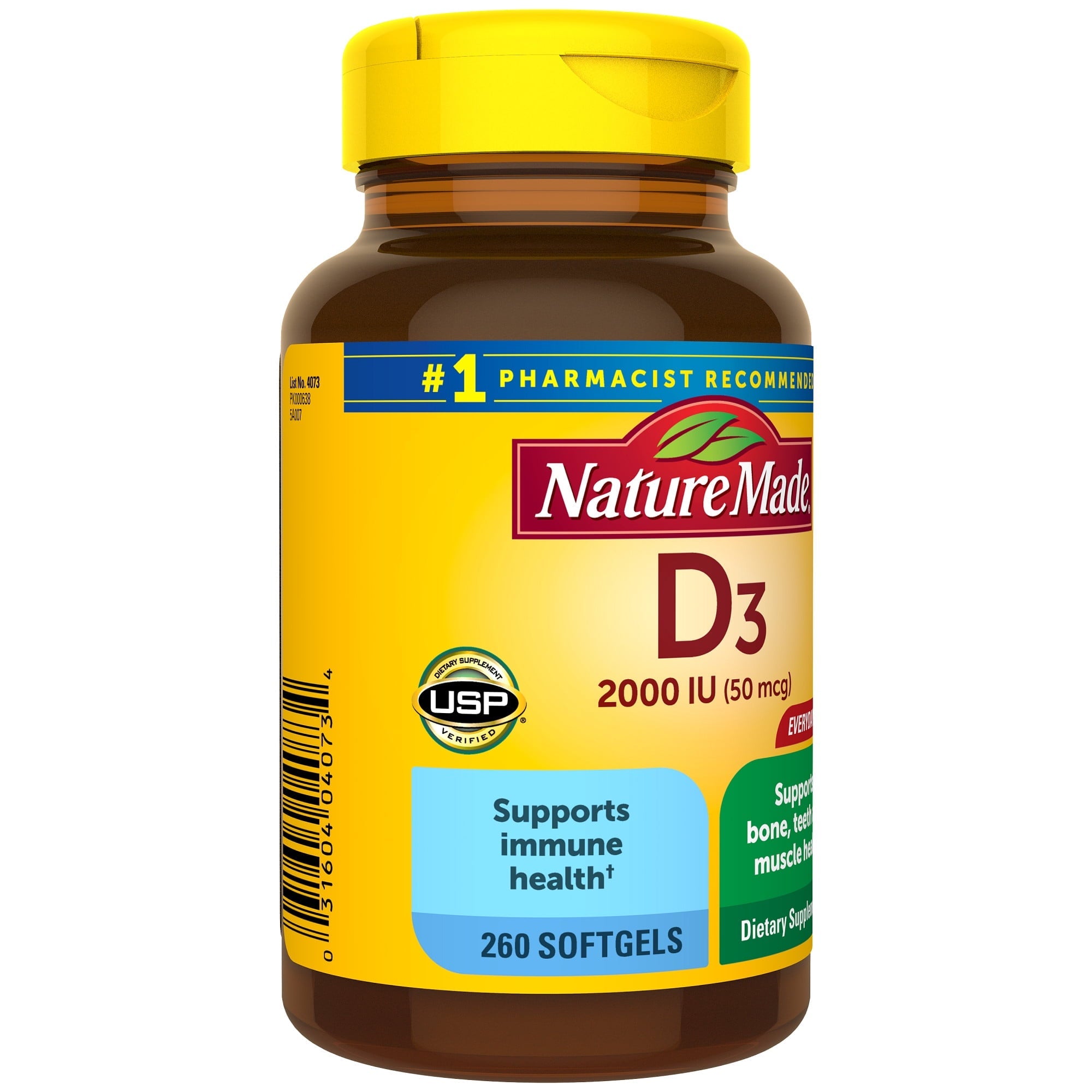 Nature Made Vitamin D3 2000 IU (50 mcg) Softgels, Dietary Supplement for Bone and Immune Health Support, 260 Count