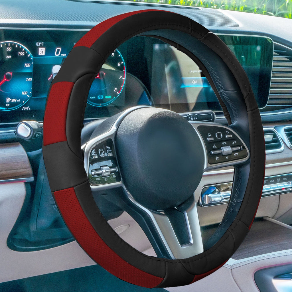 FH Group AFFH2002RED Red Deluxe Full Grain Authentic Leather Steering Wheel Cover With Air Freshener