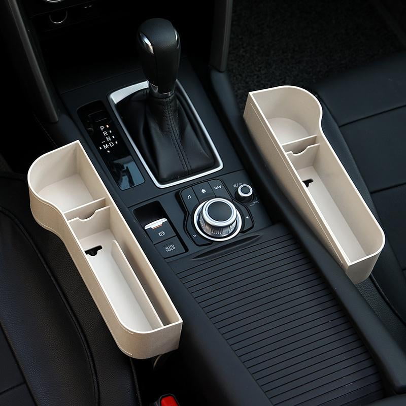 Maynos Car Seat Pockets PU Leather Car Console Side Organizer Seat Gap Filler Catch Caddy ，Multifunctional with Cup Holder Car Seat Crevice Storage Box Creamy-White (1 Pack)