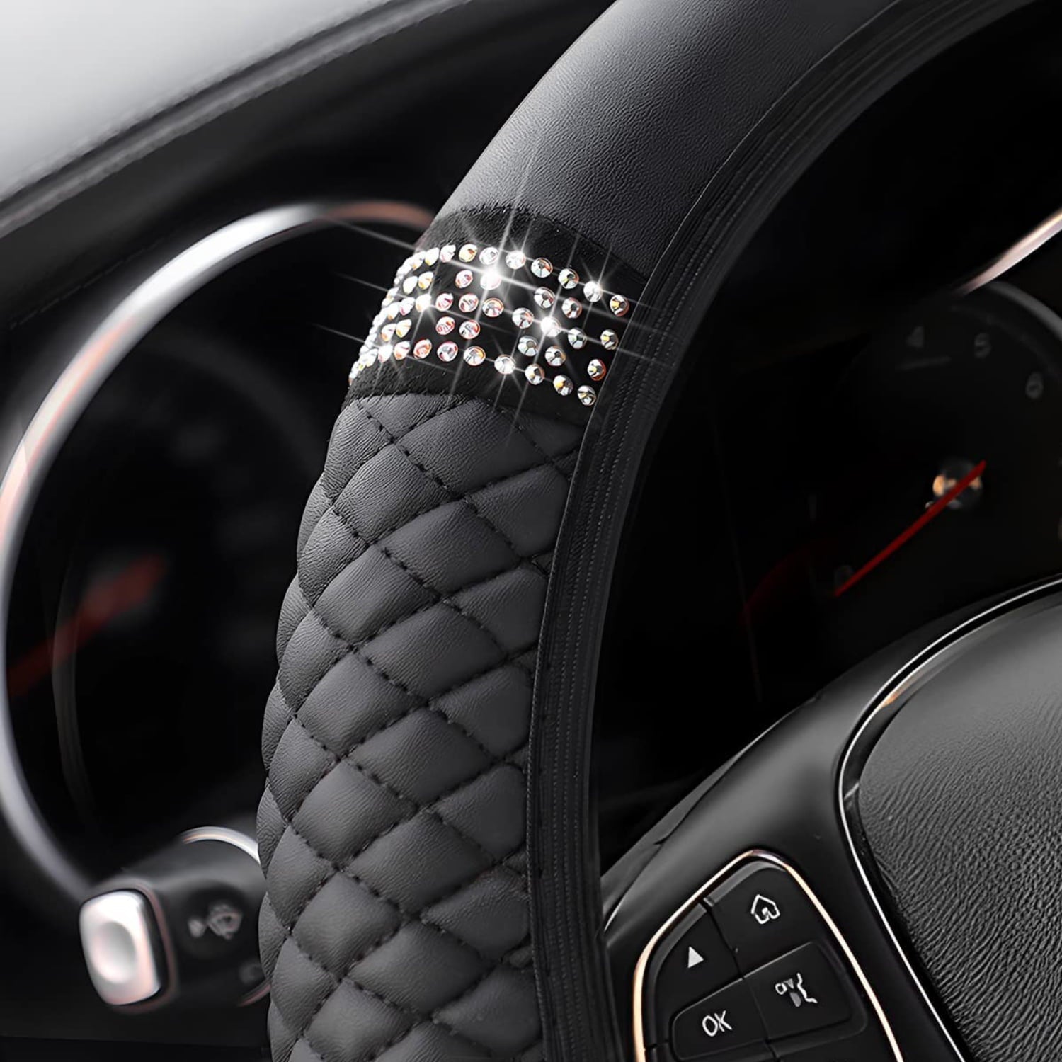 Steering Wheel Cover, Universal Bling  15 Inch Car Accessory with Rhinestones for Women, Anti-Slip Soft Leather Black Protector for Sedans, SUVs, Vans, Trucks