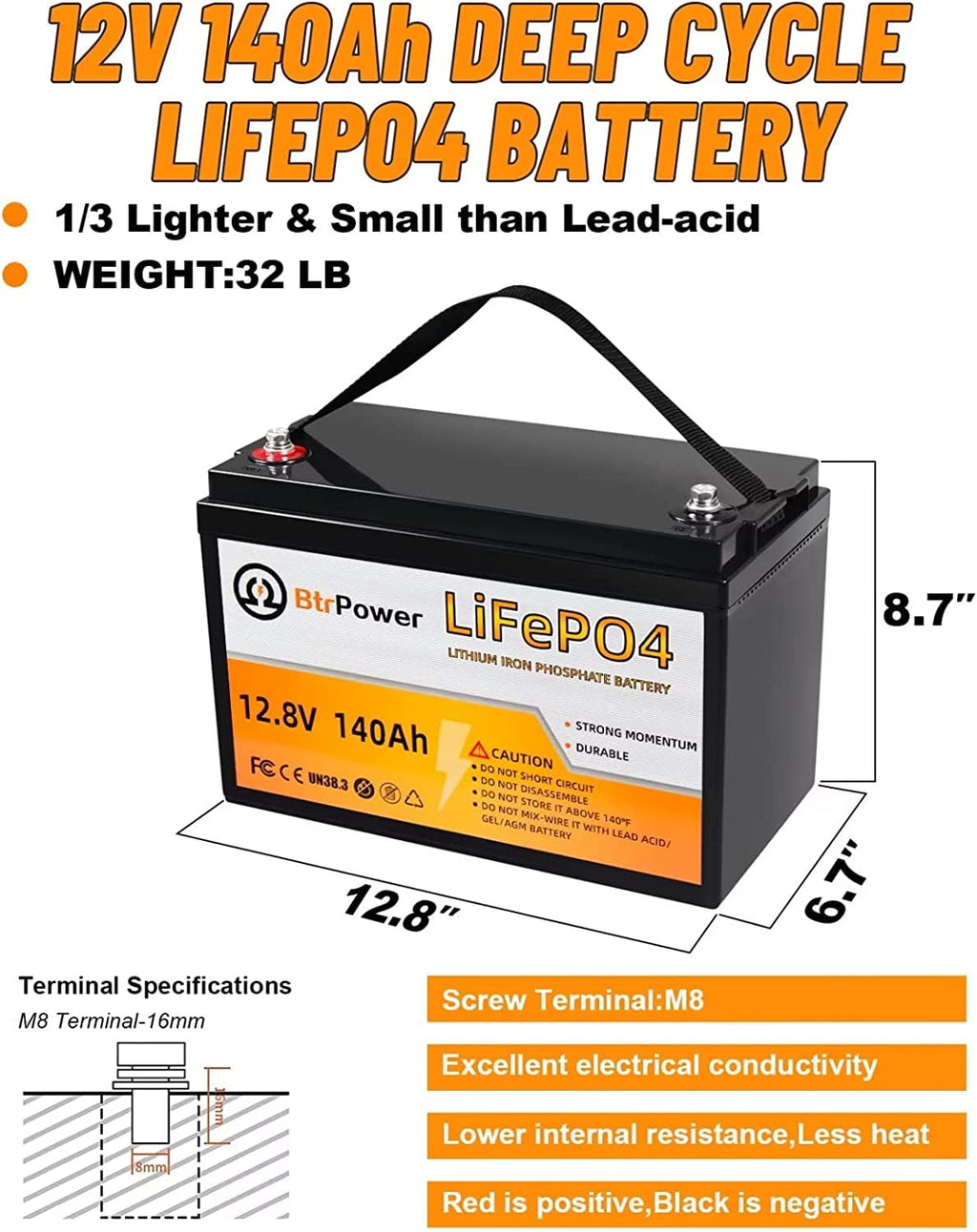 Btrpower 12V 140AH LiFePO4 Battery Deep Cell for Home Storage Trolling RV System Solar Marine
