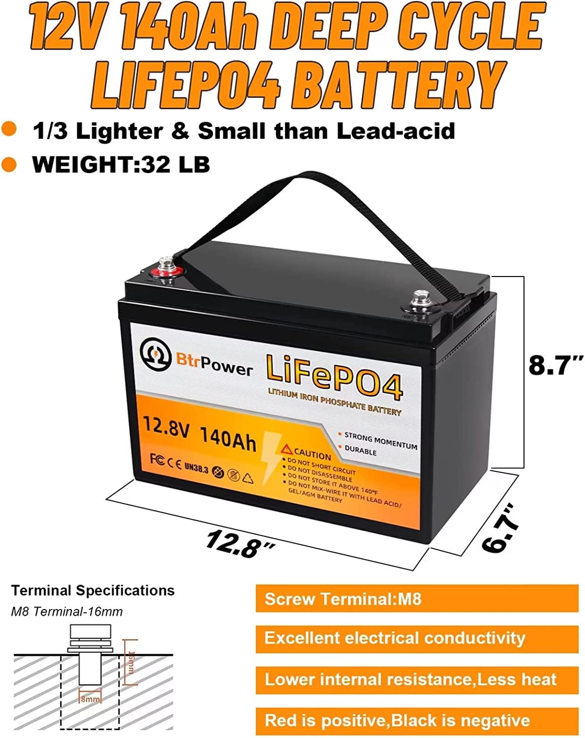 Btrpower 12V 140AH LiFePO4 Battery Deep Cell for Home Storage Trolling RV System Solar Marine