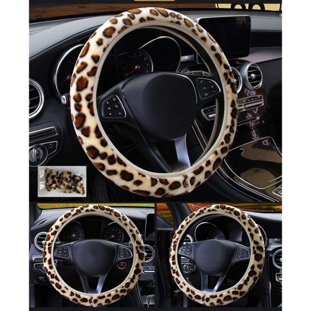 Universal 15" Auto Car Steering Wheel Cover Leopard Print Plush Elastic Section Steering Wheel Cover Velvet Fluffy Comfy Universal 15 Inches Car Wheel Protector for Women Girls