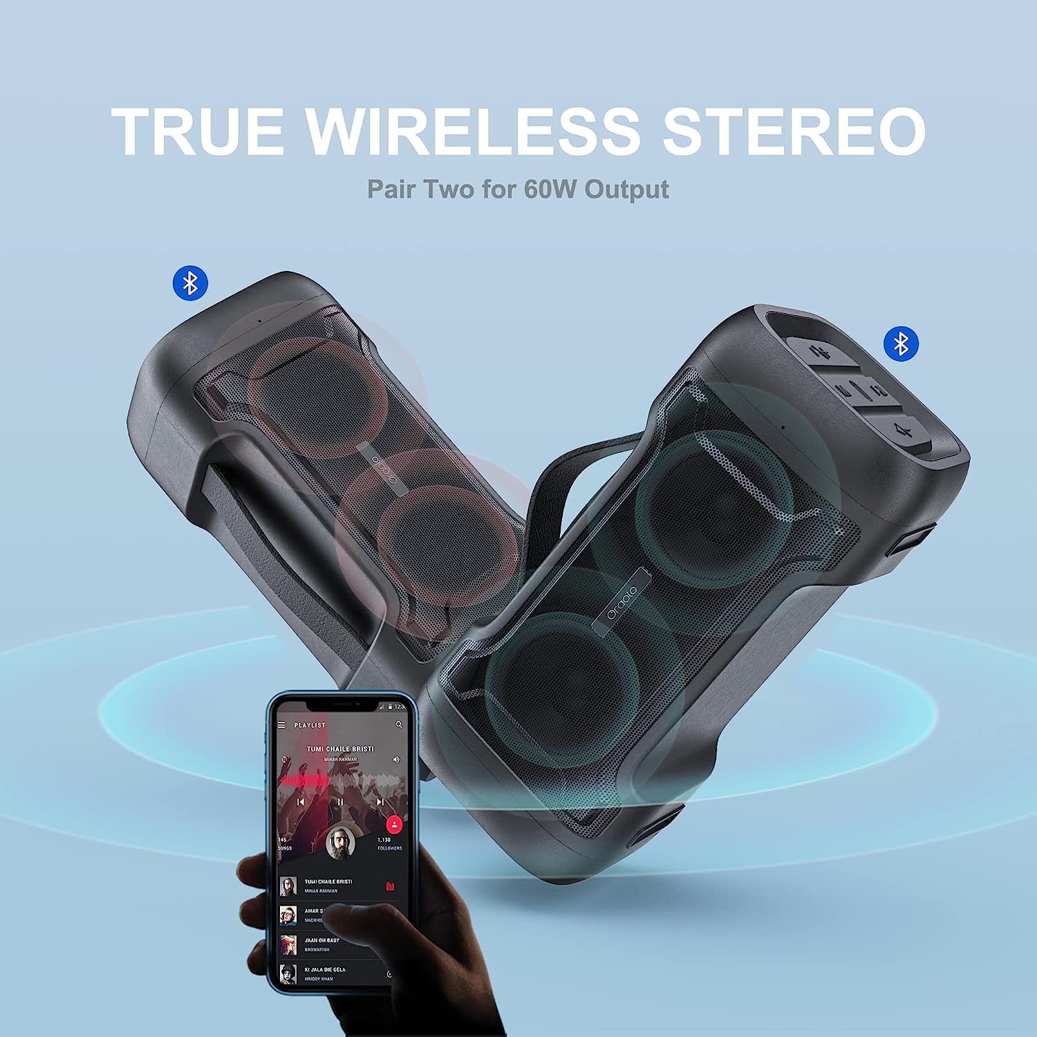 Oraolo Bluetooth Speaker with Deep Bass Basser Portable Speakers Wireless Stereo Sound, IPX6 Waterproof, TF/SD Card, AUX-in, USB Input, Built-in Mic, 24H Playtime for Home Party Outdoor Beach Pool