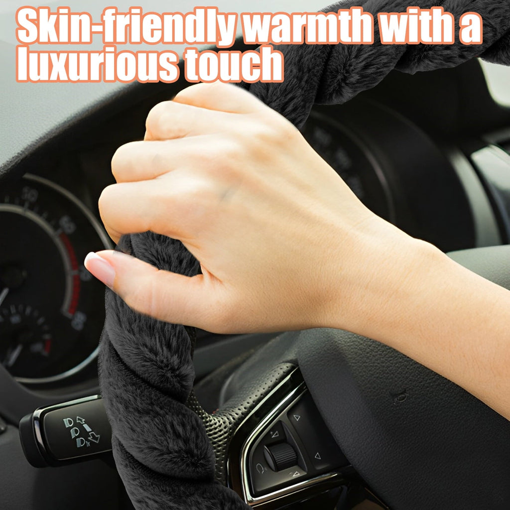 HCQXNSL Black Steering Wheel Cover Plush Steering Wheel Protector Soft Warm Car Covers Fashion Pure 38cm in Diameter for Men and Women