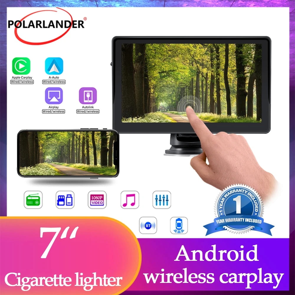 [2023 Newest] Polarlander Portable Wireless Apple Carplay & Android Auto with Steering Wheel Control, 7 inch IPS Touchscreen Car Stereo, Bluetooth Handsfree, WiFi, AirPlay, Dash Windshield Mounted