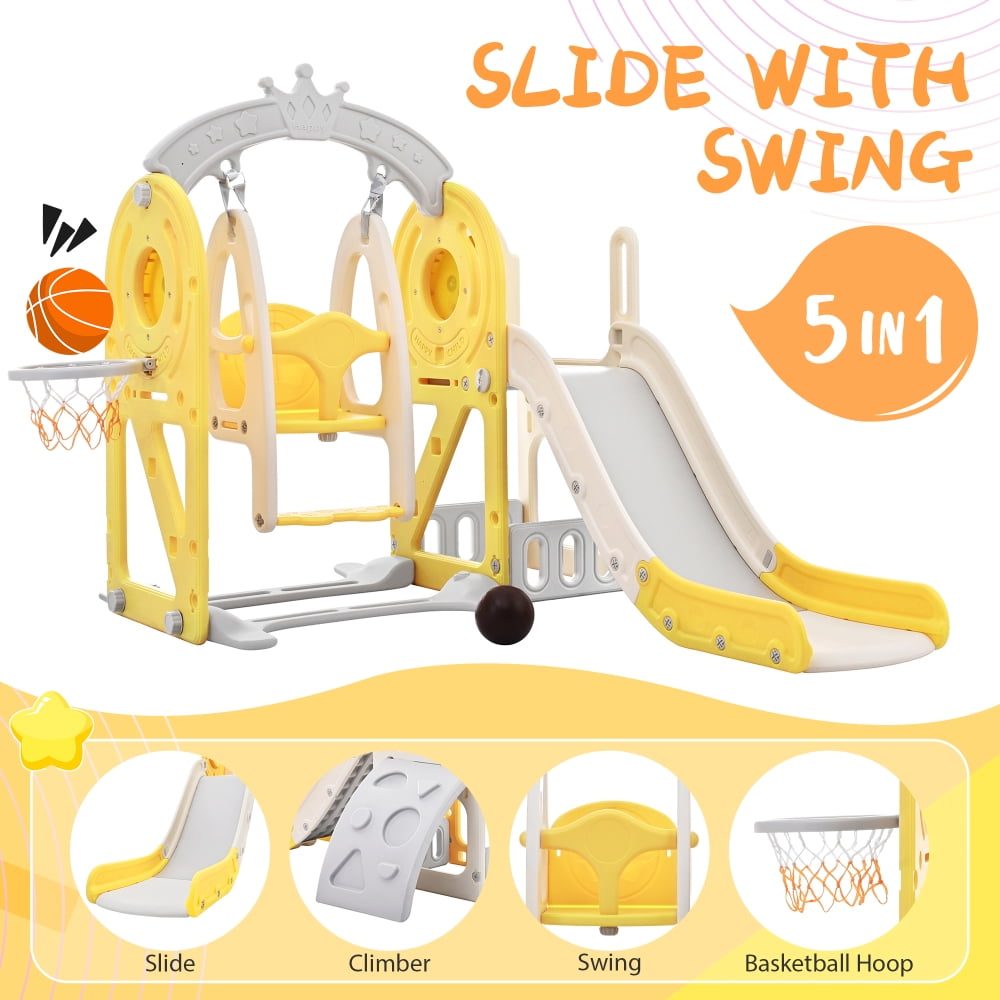 GERI 5 in 1 Toddler Slide, Climber Slide for Toddlers Age 1-5, Outdoor Indoor Playset for Toddlers with Basketball Hoo, Storage Space, Yellow