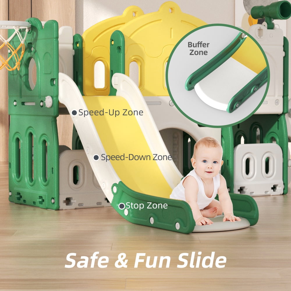 XJD 8-in-1 Toddler Slide, Indoor Slide Set Playground for Kids, Outdoor Slide Toddlers Climber and Slide Set with Basketball Hoop and Ball, Slide for Toddlers Age 12 Month +(Green)