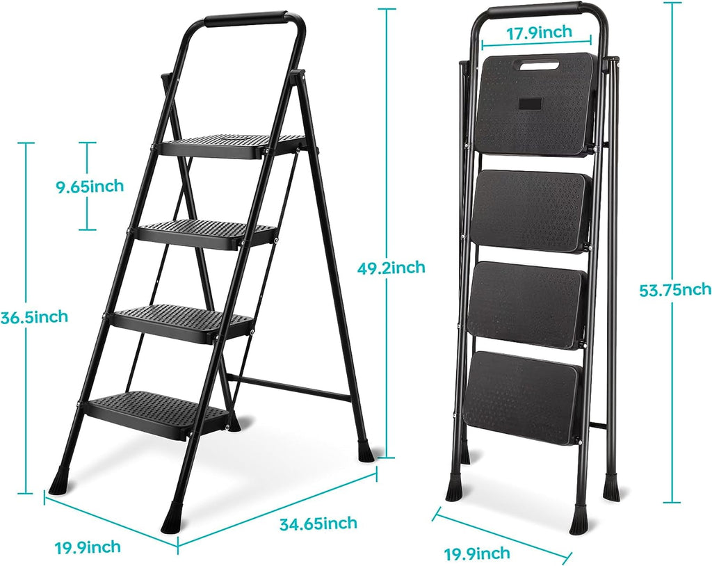 BOWEITI 4 Step Ladder, Lightweight Folding Step Stool with Wide Anti-Slip Pedal,Portable Sturdy Steel Ladder 330lb Capacity(black)