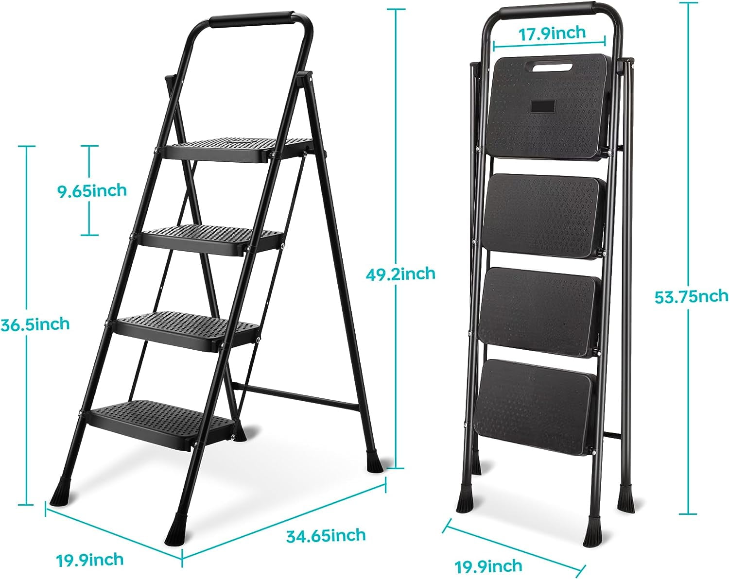 BOWEITI 4 Step Ladder, Lightweight Folding Step Stool with Wide Anti-Slip Pedal,Portable Sturdy Steel Ladder 330lb Capacity(black)