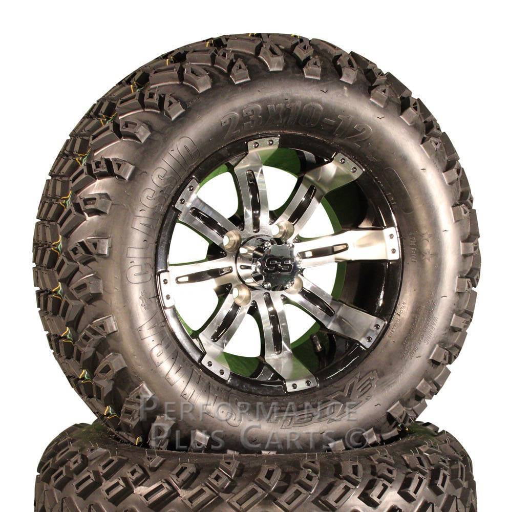 12" Tempest Black and Machined Golf Cart SS Wheels with 23" Lifted Tire Package