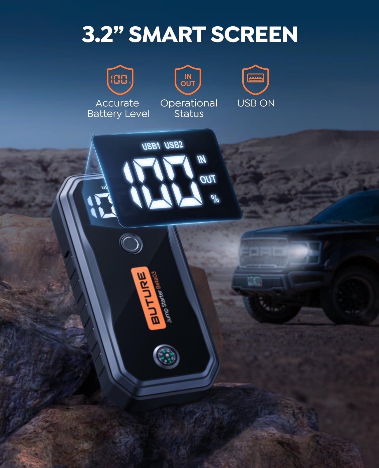 Car Battery Jump Starter 5000A 26800mAh (All Gas/10L Diesel) Powerful Portable Lithium Jump Starter with Fast Charge Extended Cables and Lights BUTURE