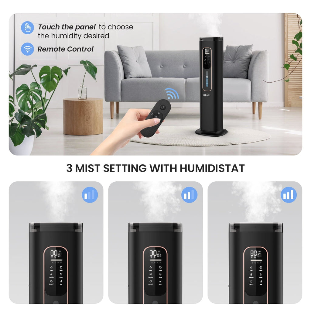 Sejoy Humidifiers for Bedroom Large Room Home，2.1GAL/8L Top Fill Floor Ultrasonic Humidifiers with 3 Mist Speed,Remote,Quiet Humidification for Plants and Baby Infant,Black
