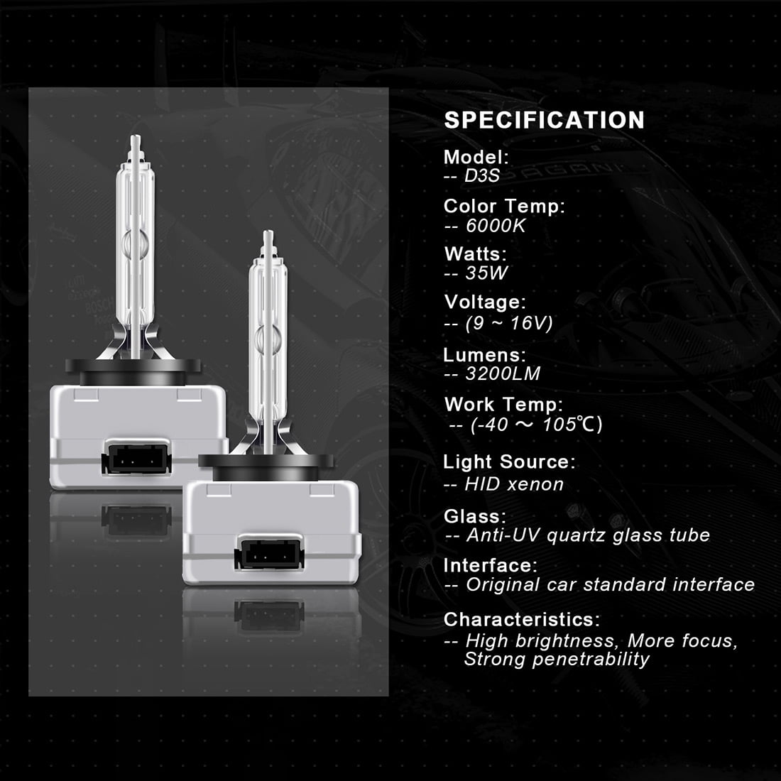D3S HID Headlight Bulbs Xenon 6000K Cold White 35W Replacement 66340 42403 42302 Headlamp - Pack of 2