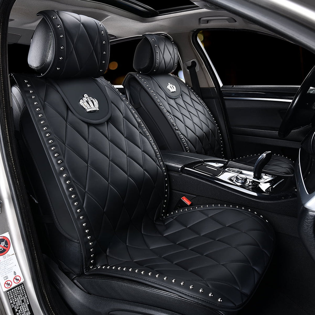 Carshaping Universal Full Surrounded Bling Diamond Crown Soft Leather Front 1PC Car Seat Covers