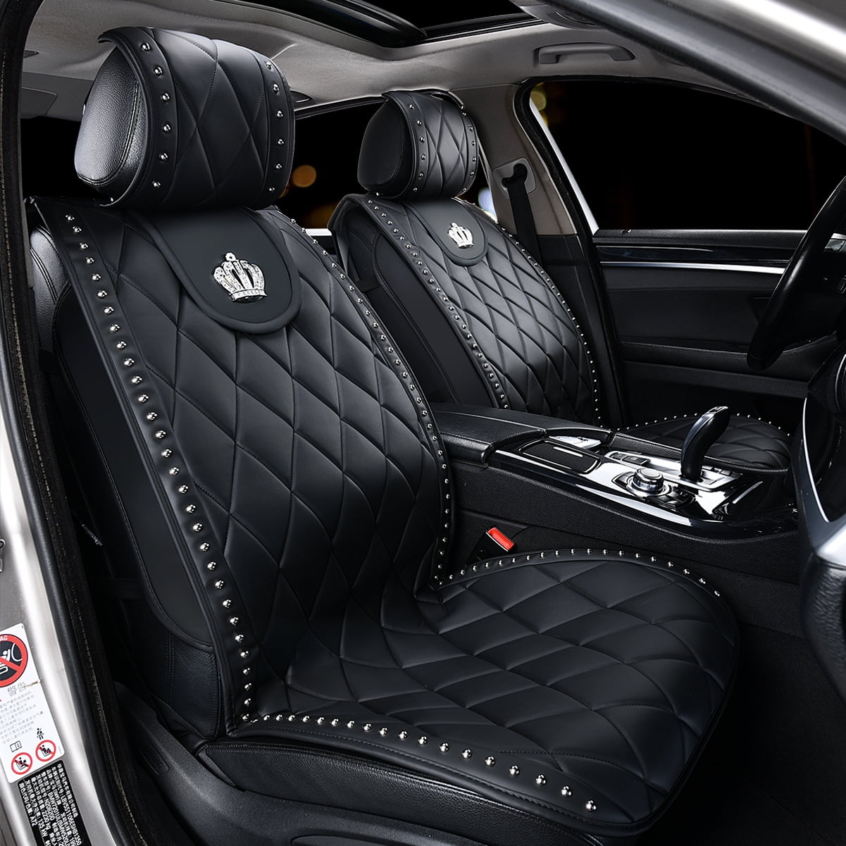 Carshaping Universal Full Surrounded Bling Diamond Crown Soft Leather Front 1PC Car Seat Covers