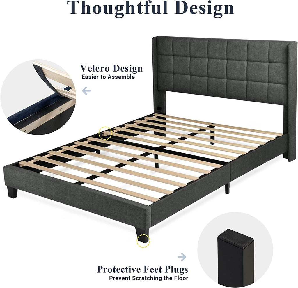 Allewie Queen Size Platform Bed with Wingback Fabric Upholstered Square Stitched Headboard and Wooden Slats, Grey