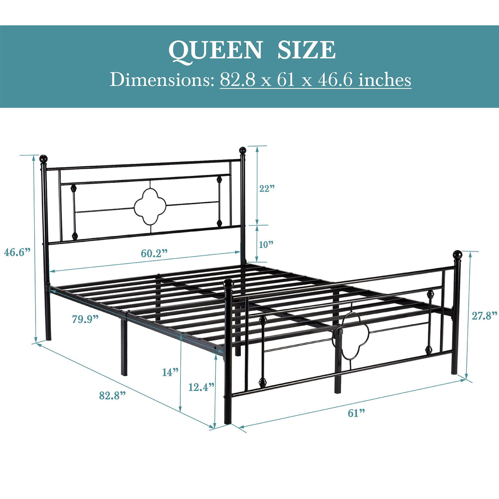 Einfach Queen Size Heavy Metal Bed with Vintage Headboard Pattern, Black
