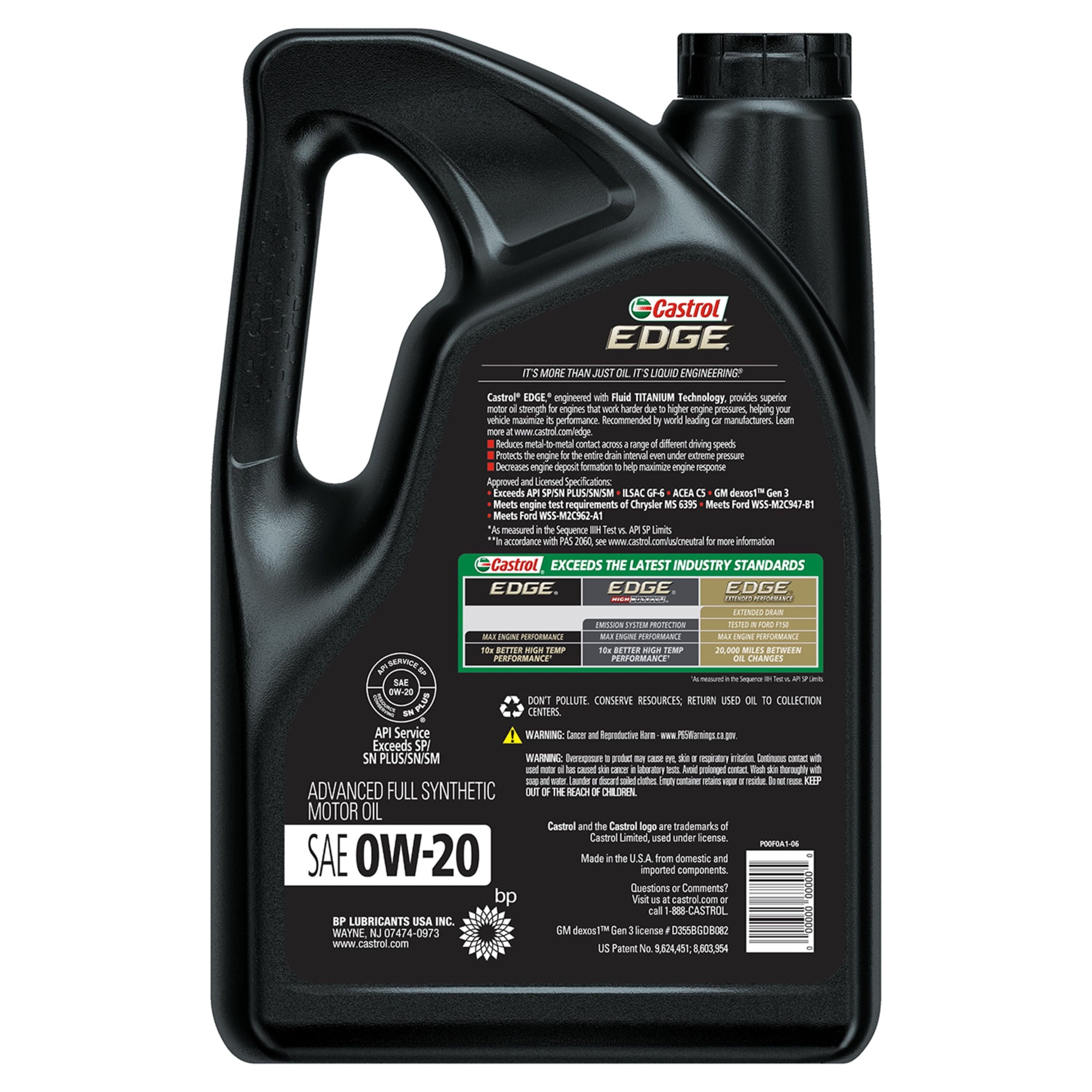 Castrol EDGE 0W-20 Advanced Full Synthetic Motor Oil, 5 Quarts