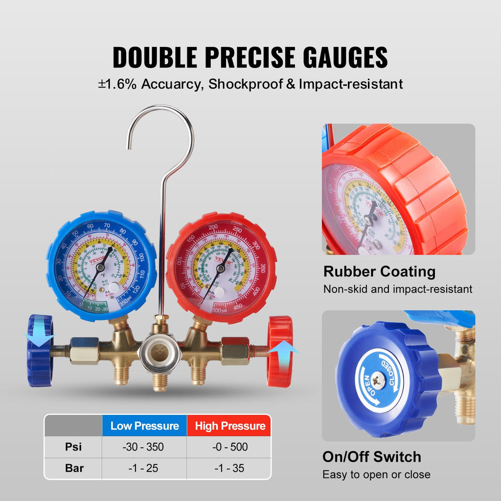 BENTISM AC Manifold Gauge Set 3-Way Fit R134A R22 R12 R502 Refrigeration Charging with Portable Case 3PCS Hoses