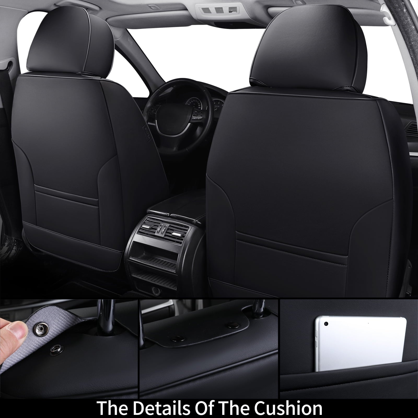 Coverado Front Seat Covers 6 Pieces,Breathable Fabric&Leather Car Seat Protectors,Universal Auto Accessories Compatible with Most Sedans SUV Pick-up Truck,Black