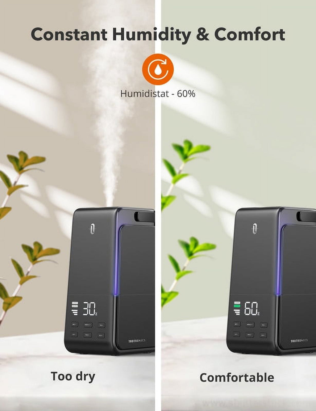 TaoTronics Humidifiers for Home, 4L Ultrasonic Cool Mist Humidifier with Automatic Humidity Monitoring